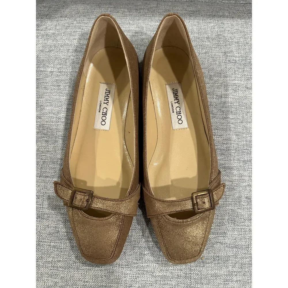 Jimmy Choo London Brushed Gold Metallic Buckle Ballet Flats